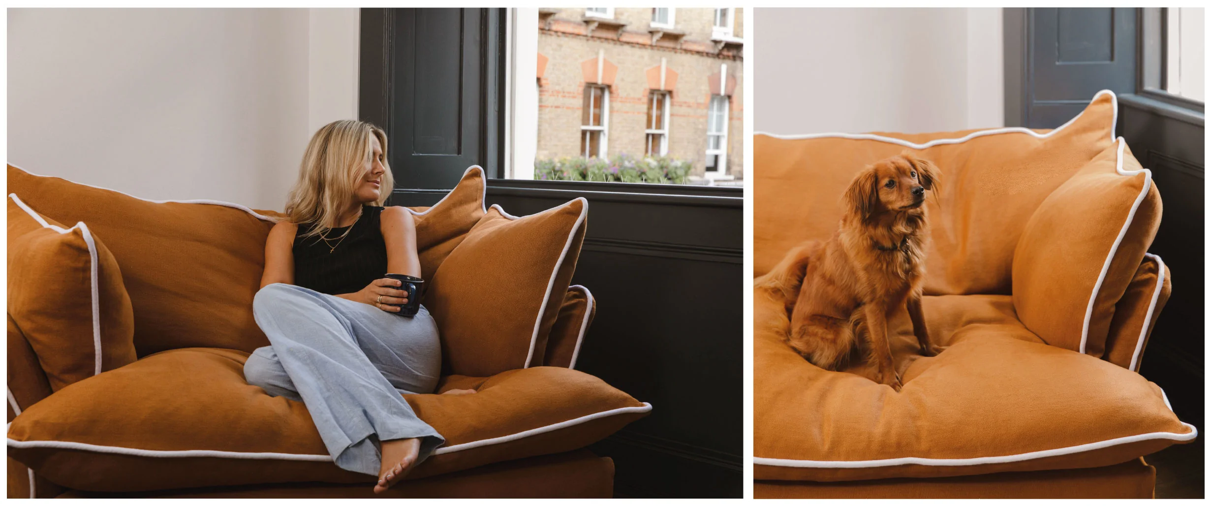 Lucy Williams and dog on a Marnie Italian linen Loveseat in Bronzite with contrast Selenite piped edge.