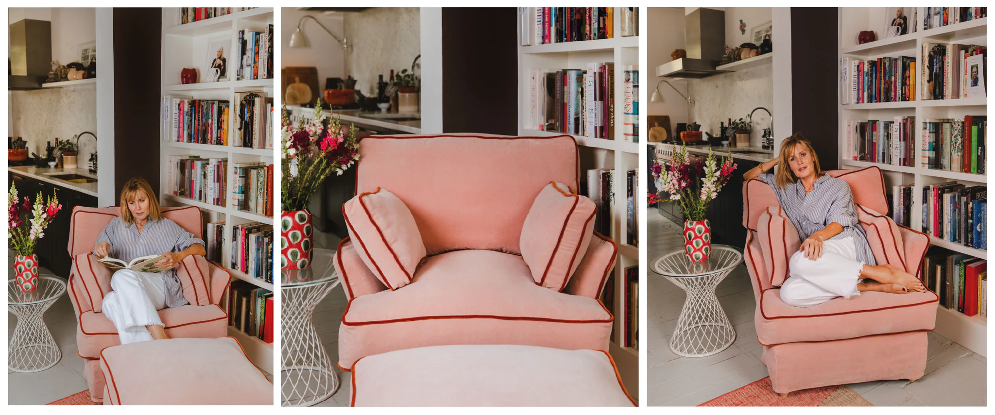 Skye Gyngell curled up reading in her Plaster Pink Velvet, Otter Box, Little Armchair with Paprika Contrast by Maker and Son