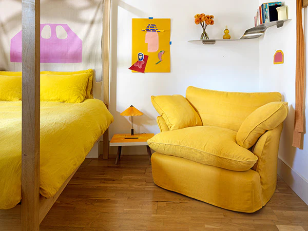 Felix Conran's Agate yellow, Italian Linen Marnie Armchair.