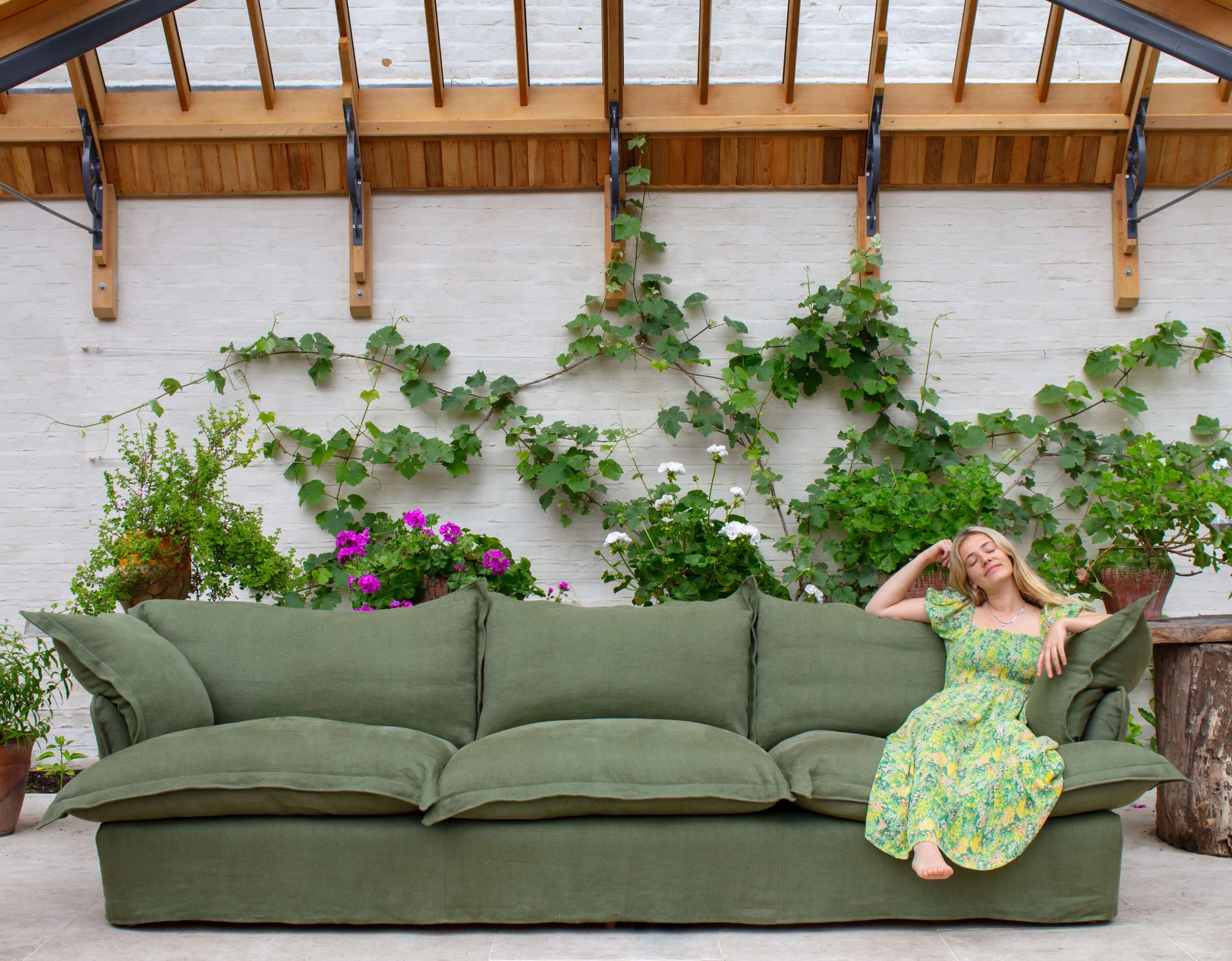 Maker and Son Malachite green Italian linen, Song pillow edge 3 seater large sofa.