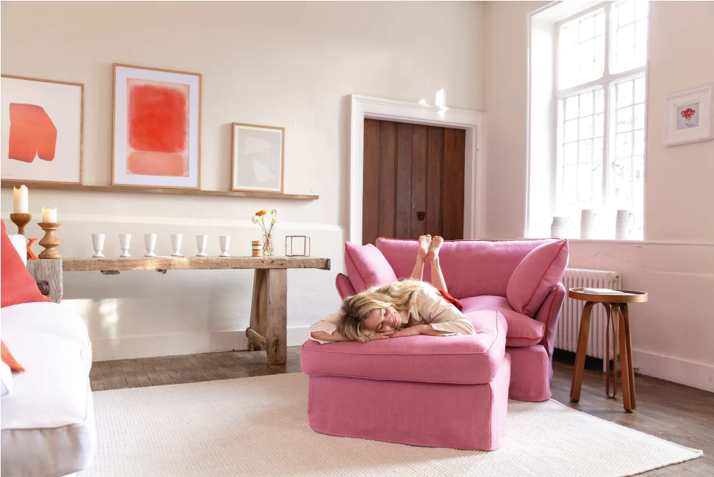 Marnie Rose Quartz pink 100% Linen Loveseat in contrast piped edge with an Otter box edge footstool by Maker&Son.