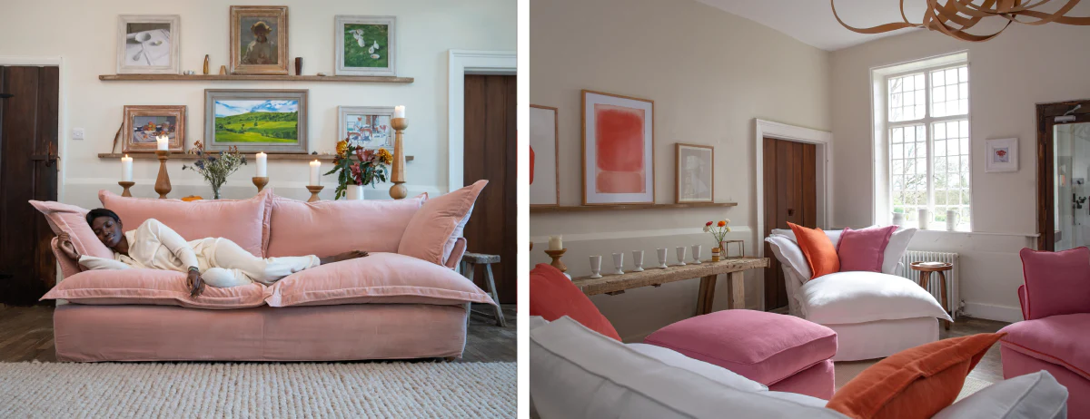 Maker and Son plaster pink velvet sofa in Song pillow edge.