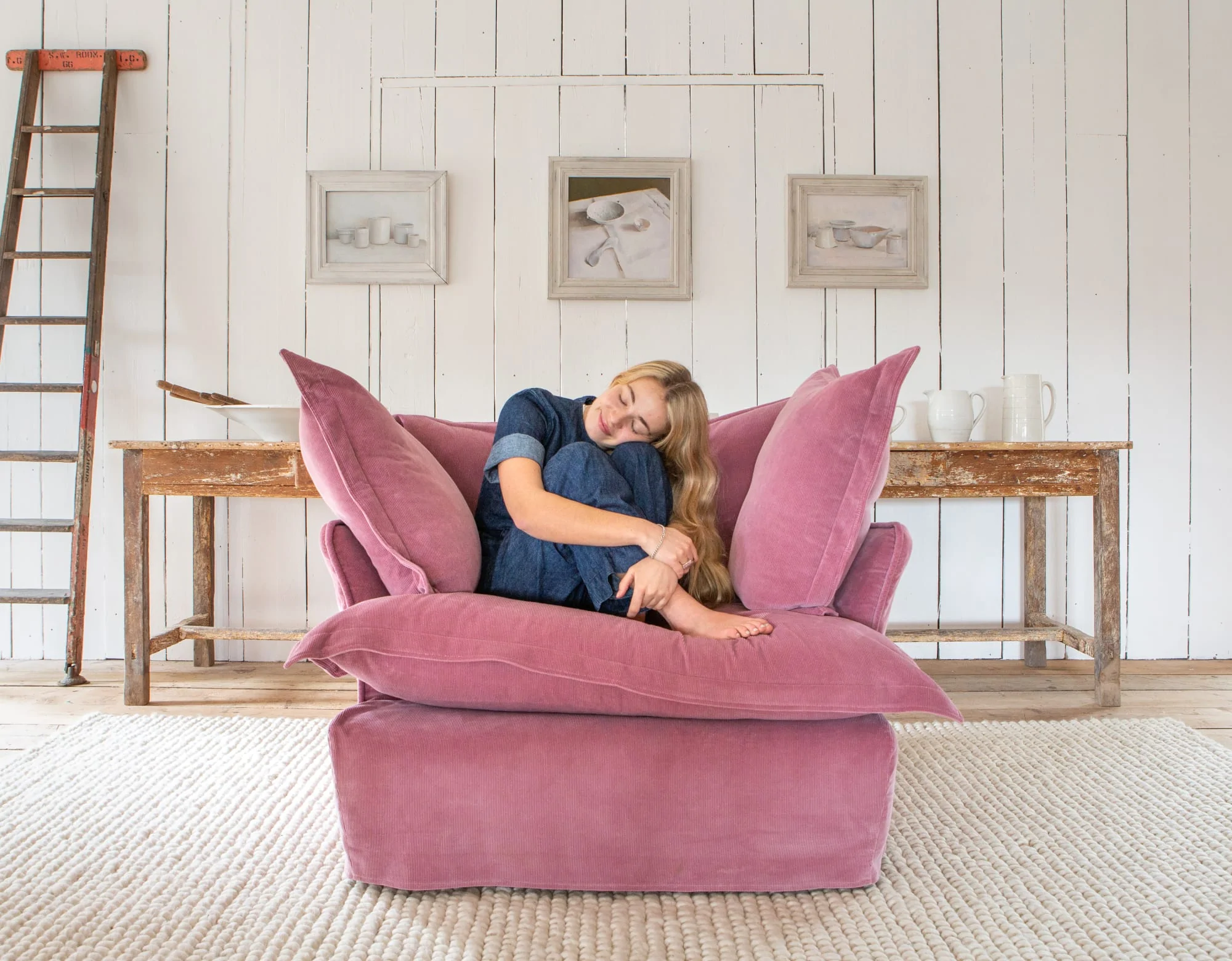 Maker and Son Rose pink corduroy Armchair in Song pillow edge.