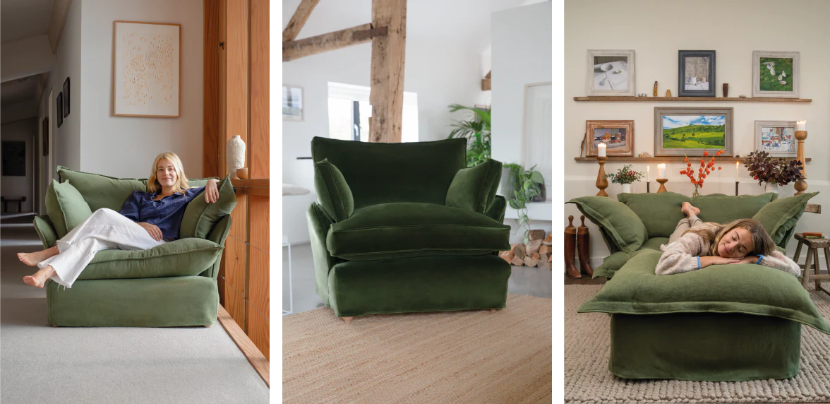 Maker and Son green fabric selection- Tarragon velvet Otter box armchair, Malachite Marnie loveseat, Song pillow edge Loveseat and Footstool.