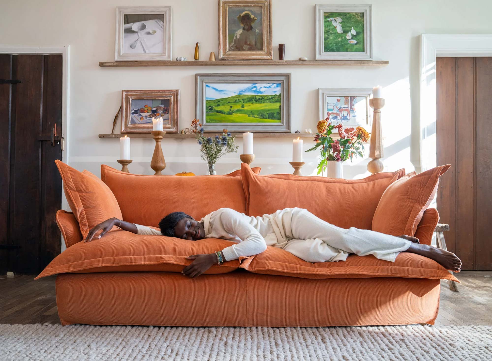 Maker&Son Song, Pillow Edge Sofa in burnt orange, cotton corduroy.