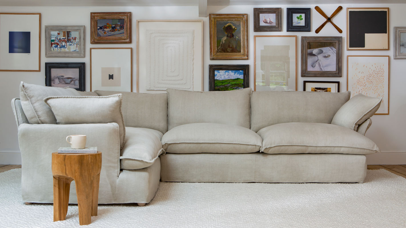 Song short pillow edge corner sofa in sunstone beige Italian linen.
