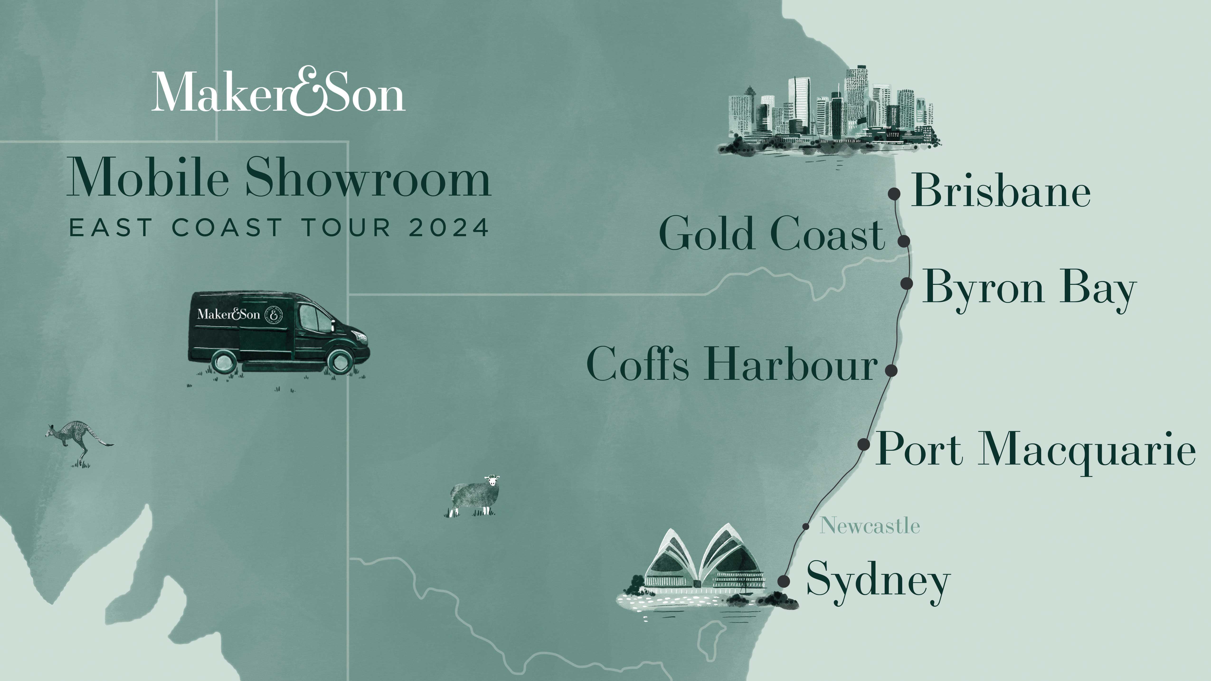 A map of the Eastern Coast of Australia showing the road tour Maker and Son's mobile showroom will travel. From Sydney to Brisbane and back.